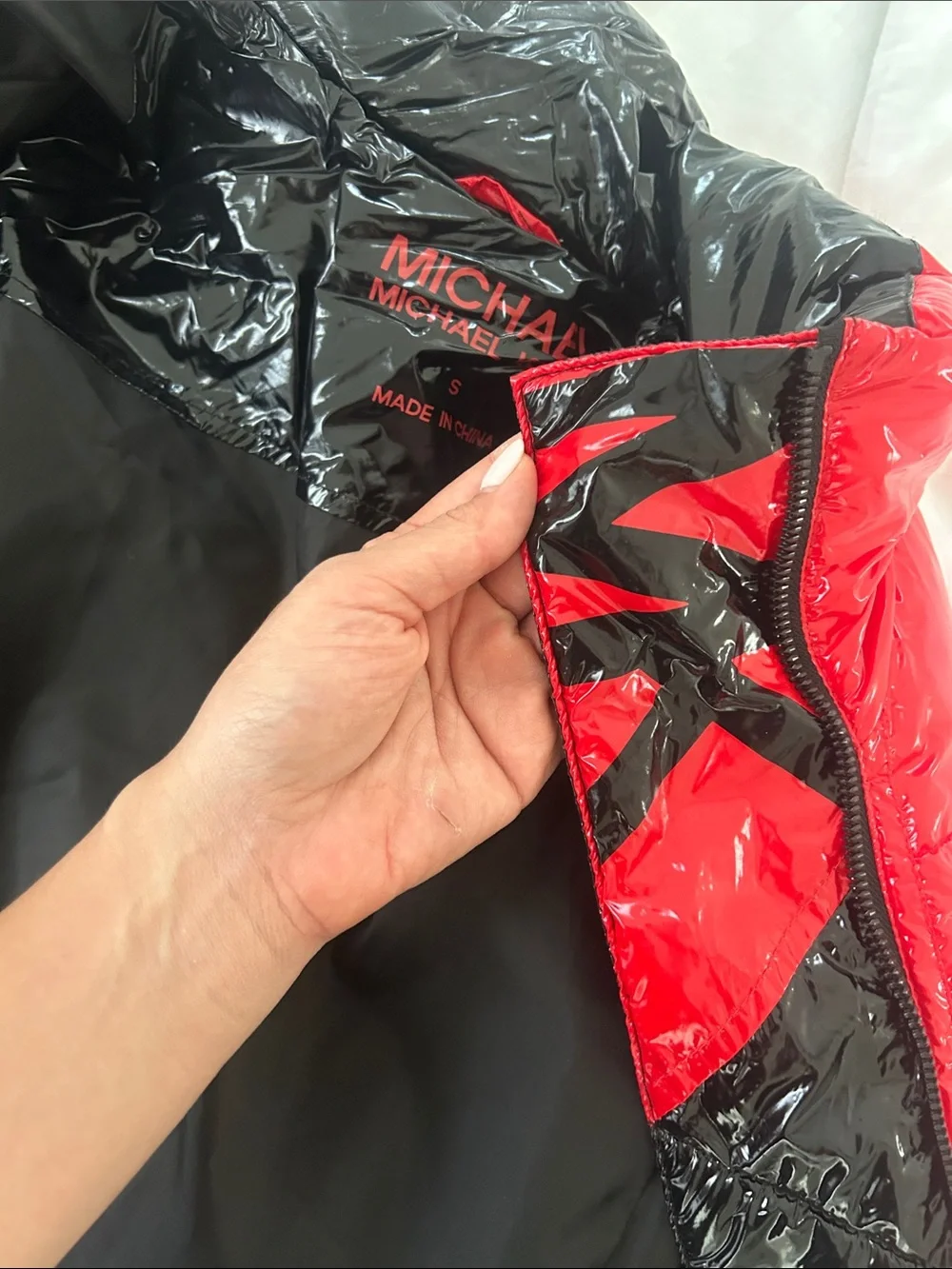 Michael Kors Glossy Red Puffer Jacket with Black Contrast